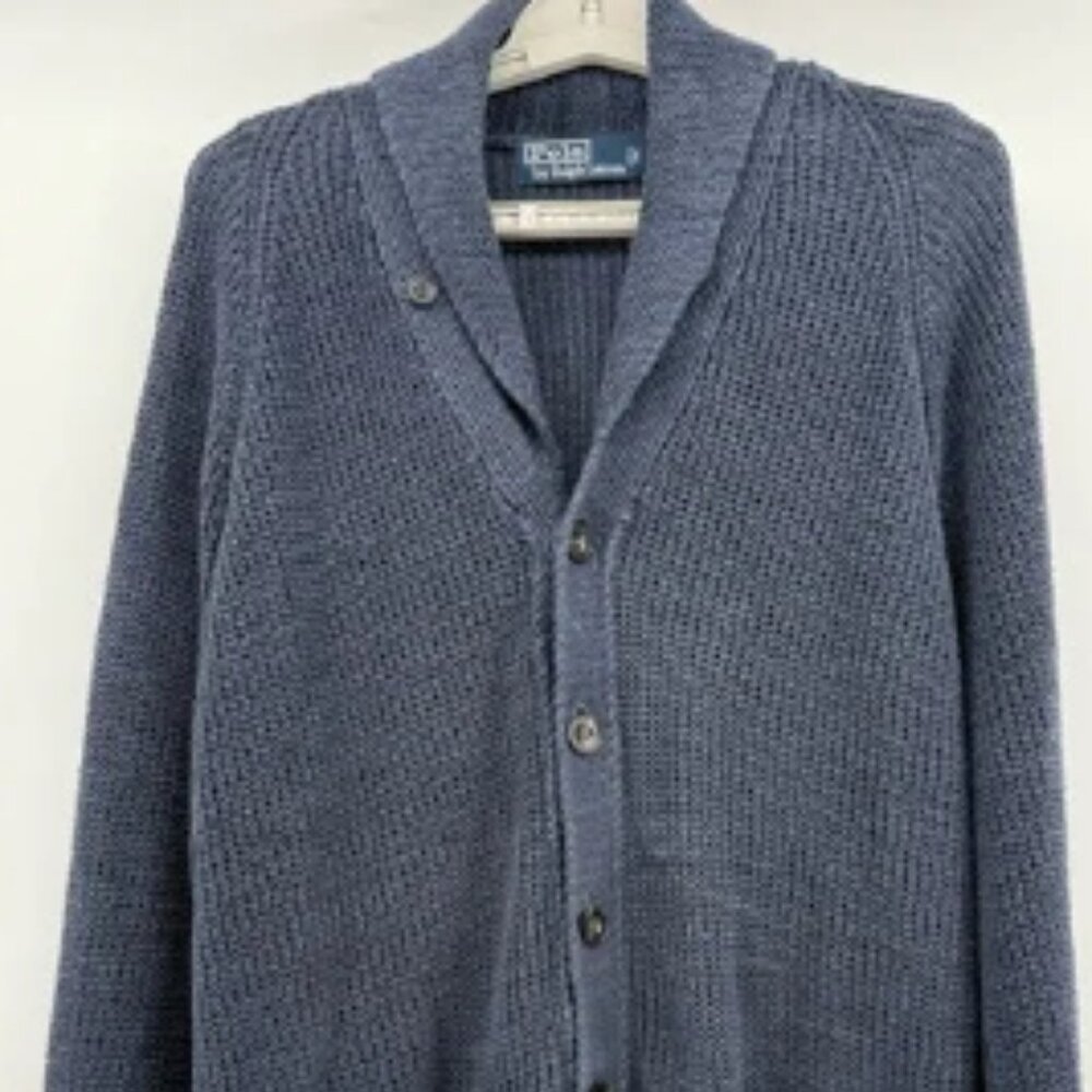 VTG POLO RALPH LAUREN 100% LINEN SHAWL COLLAR CARDIGAN MENS COLOR INDIGO BLUE M